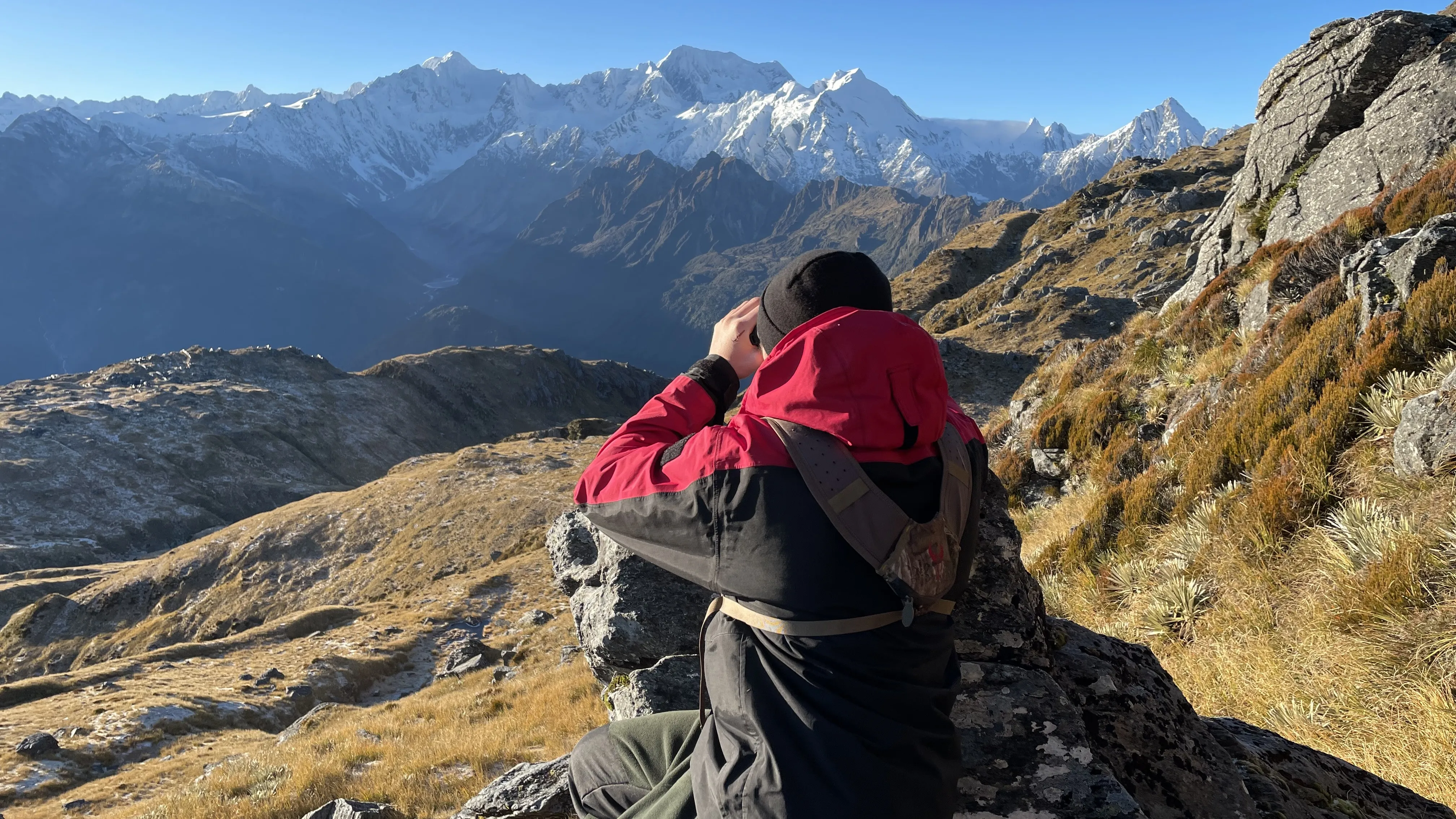 Hunter sitting on a rock glassing across a valley toward the snow-covered Southern Alps